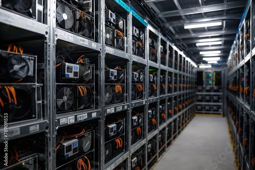 Mining farm crypto, including servers, cables, and data storage devices.