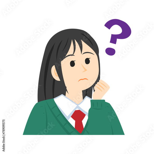 クエスチョンマークを浮かべるスクールセーターを着た高校生の顔。フラットなベクターイラスト。 Face of a high school student wearing a school sweater, with a question mark beside. Flat vector illustration.