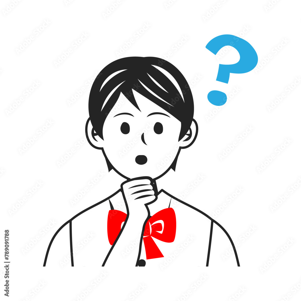 クエスチョンマークを浮かべる制服を着た中学生の顔。シンプルなベクターイラスト。 Face of a high school student wearing a school uniform, with a question mark beside. Simple vector illustration.
