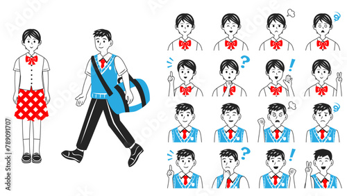 夏服を着た高校生。シンプルなベクターイラストセット。High school students wearing a school uniform for summer. Simple vector illustration set.