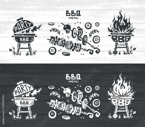 BBQ Party Time Vector Set. Portable Charcoal Grill with Fire Flame. Grill Barbecue Food. Meat Kebab or Shashlik and Barbeque Vegetable Skewer. 