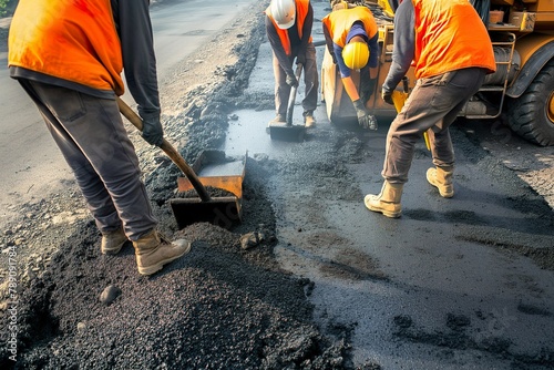 Group of men carrying out road construction work.