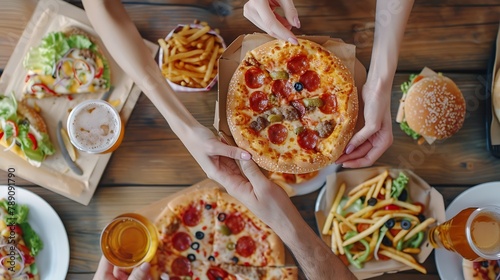 Lockdown fast food dinner from delivery service Flatlay of friends eating burgers fries sandwiches pizza salad and drinking beer at quarantine home party over table background top view : Generative AI