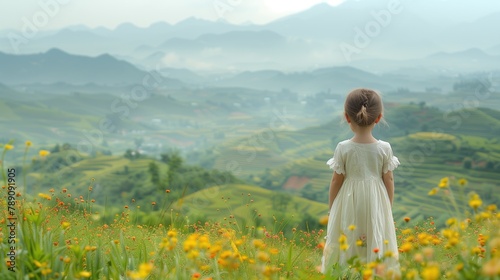 A little girl in a white dress is standing in a flower and field with blooming agricultural plants  Spring flowering and summer season. Beautiful Nature around us  generative ai