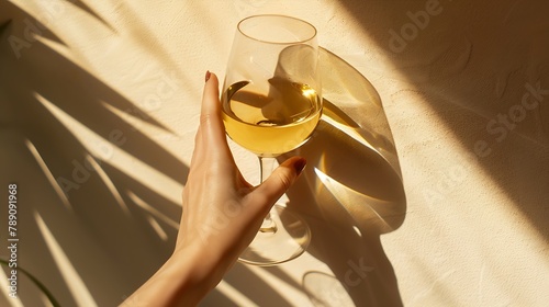 Top view of wineglass with white wine in woman hand with beautiful shadow at sunlight summer alcohol drink background beige creative aesthetic flat lay copyspace trendly still life for : Generative AI photo