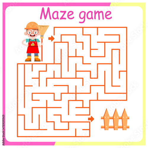 Children's logic game on passing the labyrinth. Educational game for children. Attention task. Choose the right path. Funny cartoon character. gardener and fence