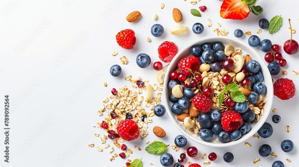 Healthy breakfast with muesli fruits berries nuts on white background Flat lay top view : Generative AI Healthy breakfast with muesli fruits berries nuts on white background Flat lay top view : Generative AI