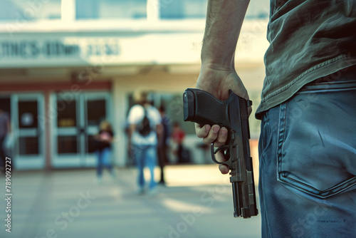 Back view of young man with a pistol gun standing in front of a high school building in blurry background photo