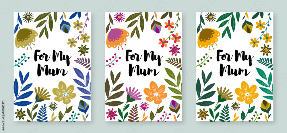 Set of Mother's Day postcards with whimsical flowers illustrations Set of Mother's Day postcards with whimsical flowers illustrations
