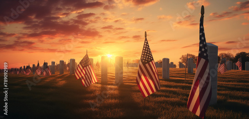 USA flag on sunrise background .Concept National holidays , Flag Day, Veterans Day, Memorial Day, Independence Day, Patriot Day.