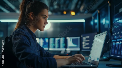 Female engineer IT specialist sitting at desk in data center with laptop, deeply fixed in solving technical problems and managing computer infrastructure.