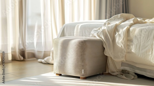 bed stool ottoman with beige fabric color upholstered stay with unmade crumpled white soft bed morning weekend sunshine light come through big window curtain home interior detail desig : Generative AI photo