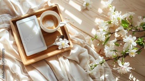 Romantic composition with cup of coffee white flowers and ereader with copy space on wooden tray Template for feminine blog social media : Generative AI photo