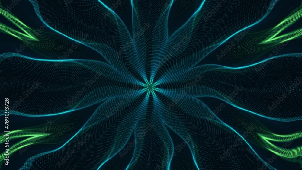 A kaleidoscopic pattern with a flowing blue green fractal wave. Full HD and looping glowing neon waves abstract background.