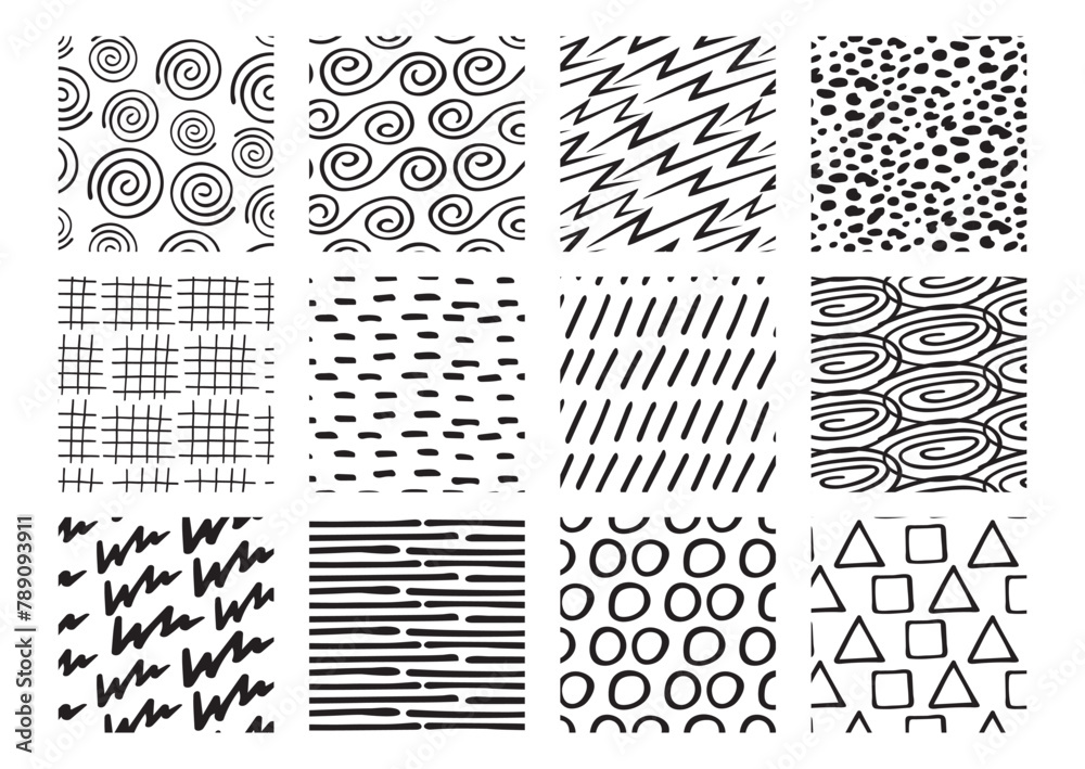 Hand drawn ink, texture set. Seamless abstract vector backgrounds in black and white. Doodle backgrounds.
