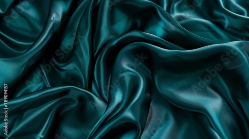 Dark teal green silk satin Shiny smooth fabric Soft folds Luxury background with space for design web banner Flat lay top view table Birthday Christmas Valentine New year : Generative AI