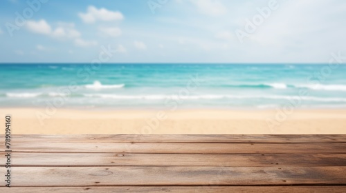 Empty wooden planks with blur beach on background, can be used for product placement, palm leaves on foreground