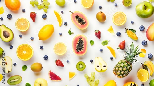 Creative layout made of fruits Flat lay Plum apple strawberry blueberry papaya pineapple lemon orange lime kiwi melon apricot pitaya mango and carambola on the white background : Generative AI photo