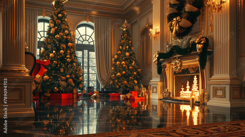 A virtual Christmas scene with two decorated Christmas trees, presents, and a wreath.