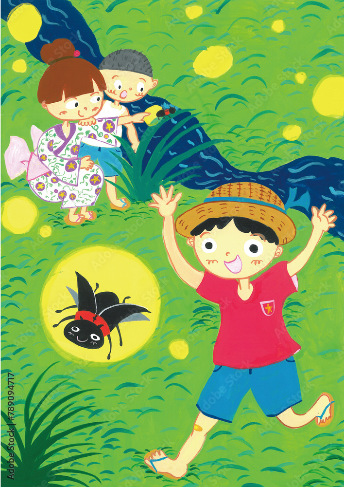 Naklejka premium ホタルを眺める子供たちのイラスト