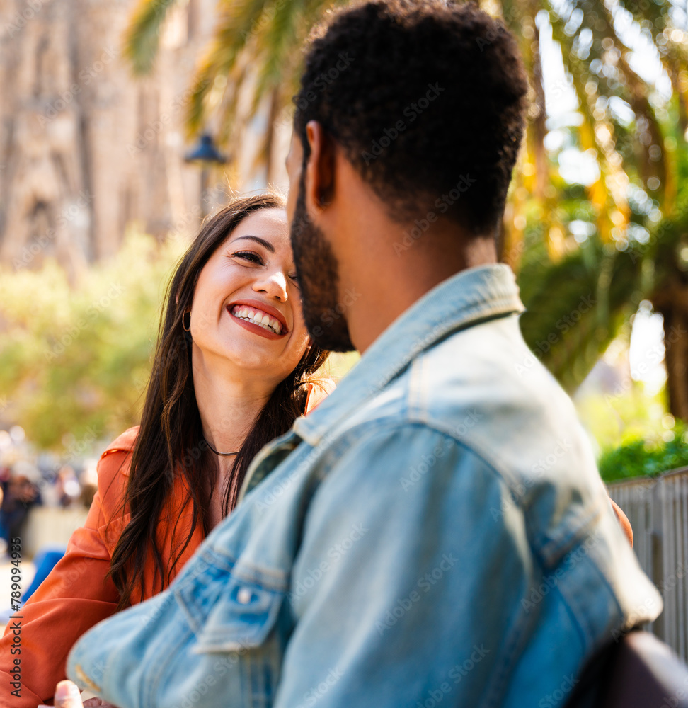 Multiracial beautiful happy couple of lovers dating in Barcelona Multiracial beautiful happy couple of lovers dating in Barcelona