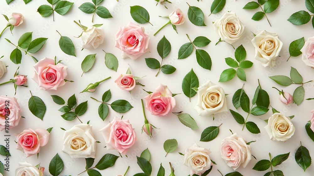 Floral pattern made of pink and beige roses green leaves branches on white background Flat lay top view Valentines background Floral pattern Pattern of flowers Flowers pattern texture : Generative AI