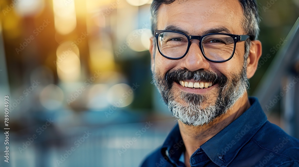 Portrait of happy mature man wearing spectacles and looking at camera outdoor Man with beard and glasses feeling confident Close up face of hispanic business man smiling : Generative AI Portrait of happy mature man wearing spectacles and looking at camera outdoor Man with beard and glasses feeling confident Close up face of hispanic business man smiling : Generative AI