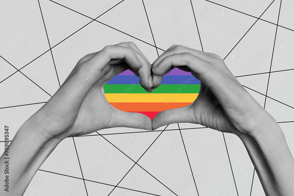 Obraz premium 3D photo collage composite trend image of black white silhouette heart rainbow shape made from hand fingers show love lgbt gay lesbian