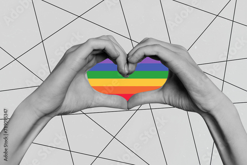 3D photo collage composite trend image of black white silhouette heart rainbow shape made from hand fingers show love lgbt gay lesbian © deagreez
