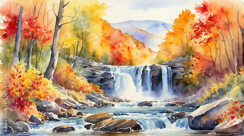 Waterfall in the forest surrounded by colorful foliage leaves in autumn, watercolor painting style, generative AI.