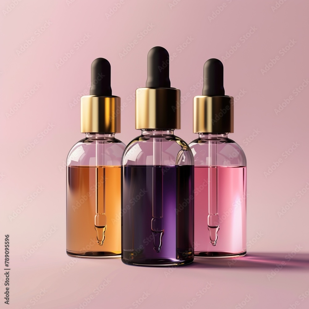 3 glass dropper bottles of essential oil. Left bottle is orange, middle is purple, right is pink. On a pink background. 3 glass dropper bottles of essential oil. Left bottle is orange, middle is purple, right is pink. On a pink background.