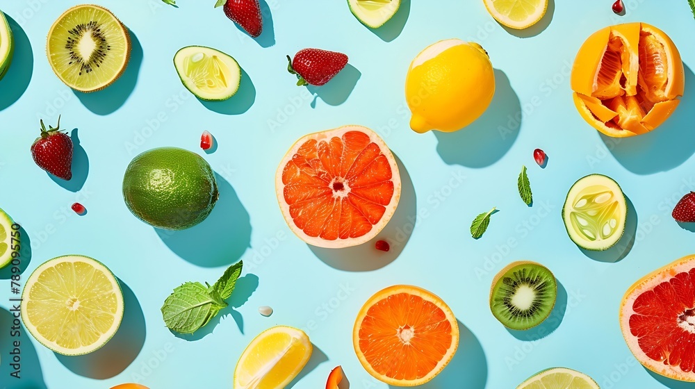 Summer healthy organic fruits and vegetables pattern on pastel blue background Flat lay : Generative AI Summer healthy organic fruits and vegetables pattern on pastel blue background Flat lay : Generative AI