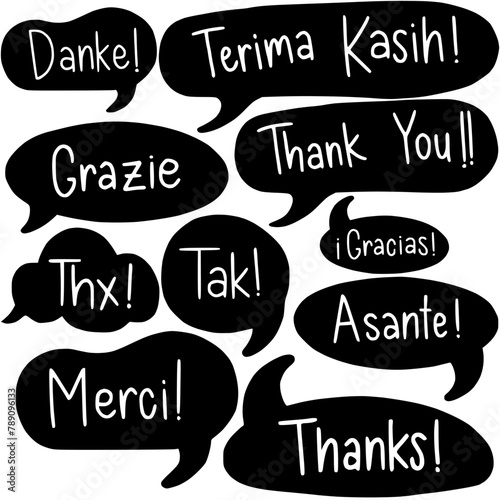 Collection set of speech bubble dialogue with thank you text in various foreign language. Gratitude. Appreciation. International. Illustration. White background. 