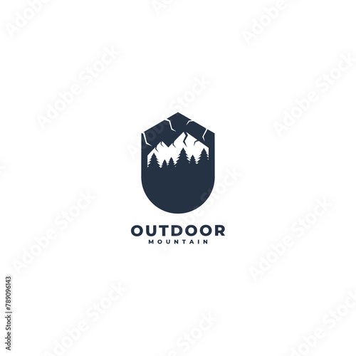 pine forest mountain and camping site logo icon vector template