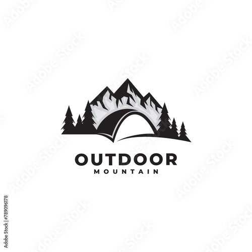 pine forest mountain and camping site logo icon vector template