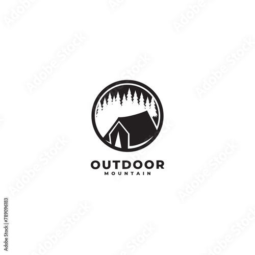 pine forest mountain and camping site logo icon vector template