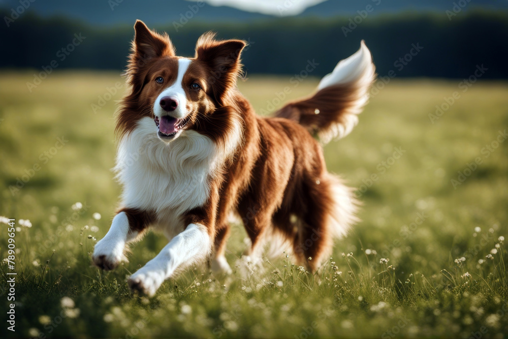 dog running Red border collie meadow eye sky space park wet freedom backyard obedience activity energy canino green cute fisheye muzzle play toning