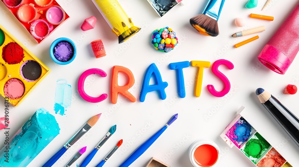 Flat lay of colorful creative supplies Paints crayons chalk and paintbrushes on white background CRAFTS written with tile letters : Generative AI