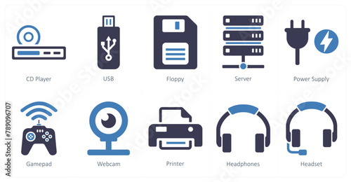 A set of 10 computer parts icons as cd player, usb, floppy photo