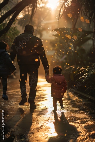 Father leading his child through a magical, sun-kissed forest, representing the guidance on Global Day of Parents. Guiding role of a father with an walk in the woods