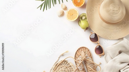 Summer mood layout Flatlay of summer natural espadrillas and sandals straw sunhat beach rafia and net bag beach towel sunglasses and fresh fruit over white plain background top view co : Generative AI