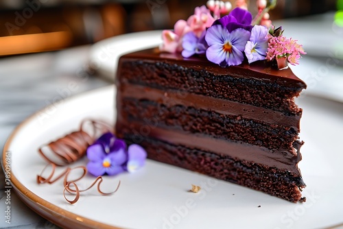 A slice of rich chocolate cake, layered with velvety chocolate ganache and decorated with chocolate curls and edible flowers.