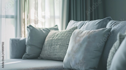 Close up light grey fabric sofa with warm cozy home interior background Pillows on couch room decoration background : Generative AI
