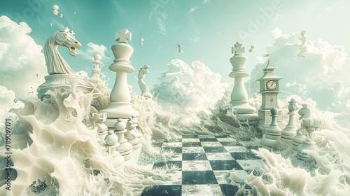 Surreal Chess Game Amidst Clouds and Splashing Milk