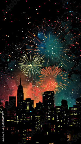 Minimalistic 3D vector art of a fireworks display over a cityscape, vivid colors lighting up the night sky, © elbanco