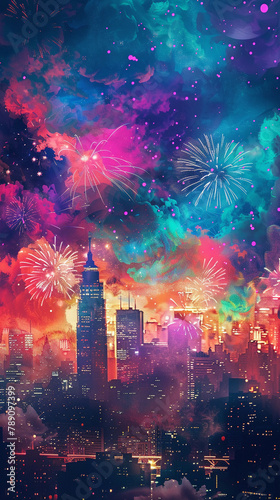 Minimalistic 3D vector art of a fireworks display over a cityscape, vivid colors lighting up the night sky,