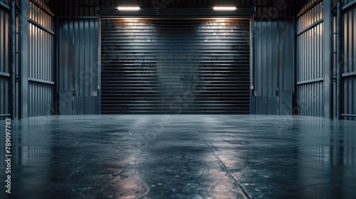 Empty warehouse interior with large windows. with roller shutter door and concrete floor. Industrial background © ttonaorh