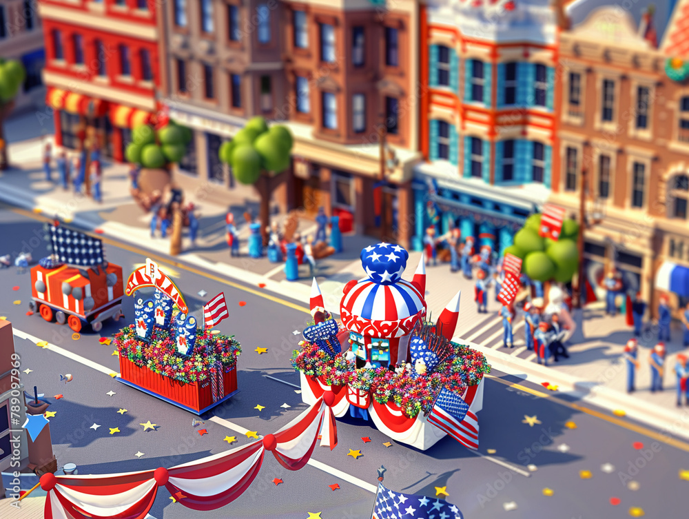 3D vector of a festive 4th of July parade with floats and marching bands, red, white, and blue decorations, downtown street background,