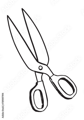Scissor sketch. Sewing craft, tailor equipment doodle. Outline vector illustration in retro engraving style.