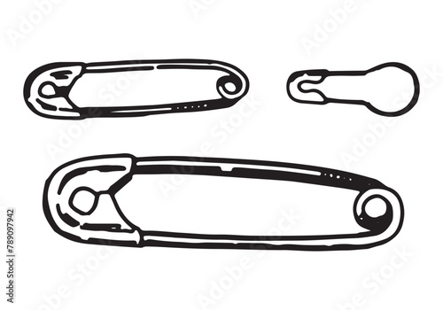 Safety pins and stitch marker sketch set. Sewing craft, tailor equipment doodles. Outline vector illustration in retro engraving style.